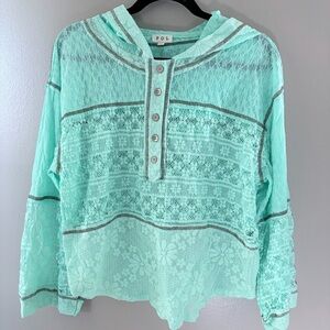 POL Light Blue Lace Hoodie Boho Floral Henley Small
